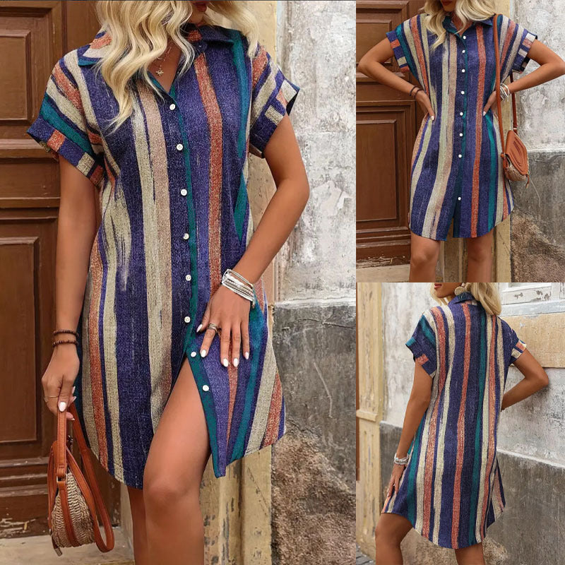 Damen Hemdblusenkleid mit geradem Schnitt und modernen Streifen EB