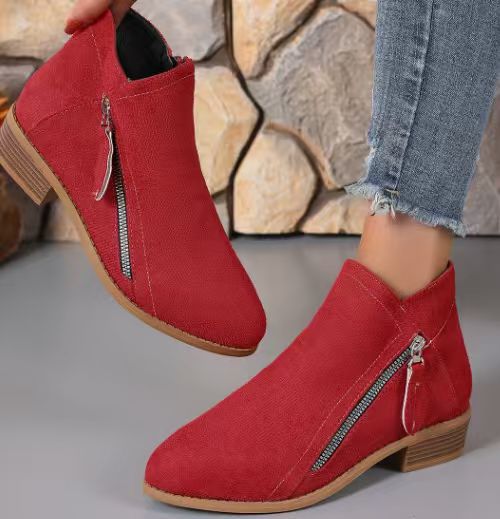 Damen Ankle-Boots aus Velourslederoptik mit seitlichem Zipper und mittelhohem Blockabsatz EB