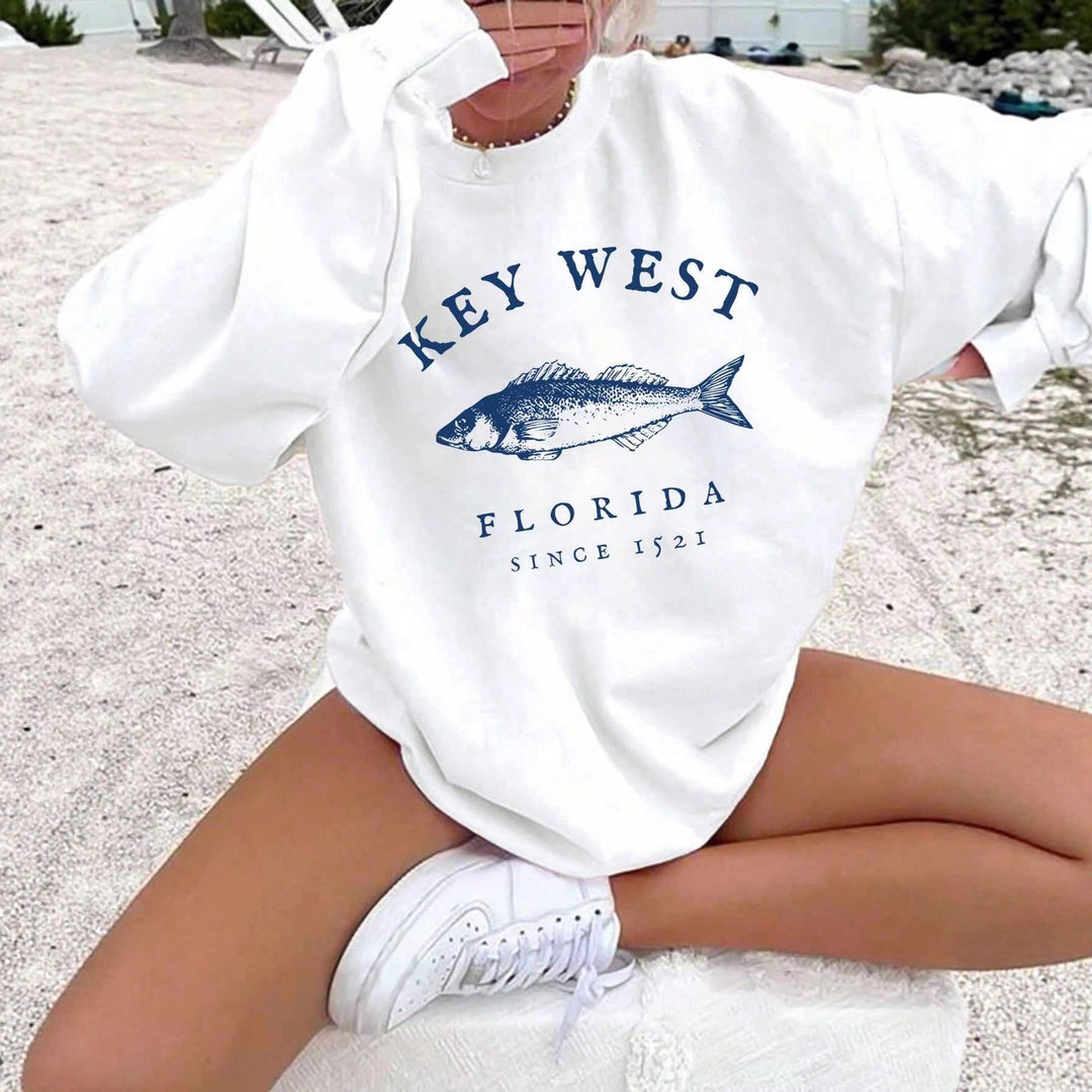 Damen nan Oversize-Sweatshirt mit maritimem Key-West Fischmotiv, dropped-Shoulder und weichem Baumwollmix EB