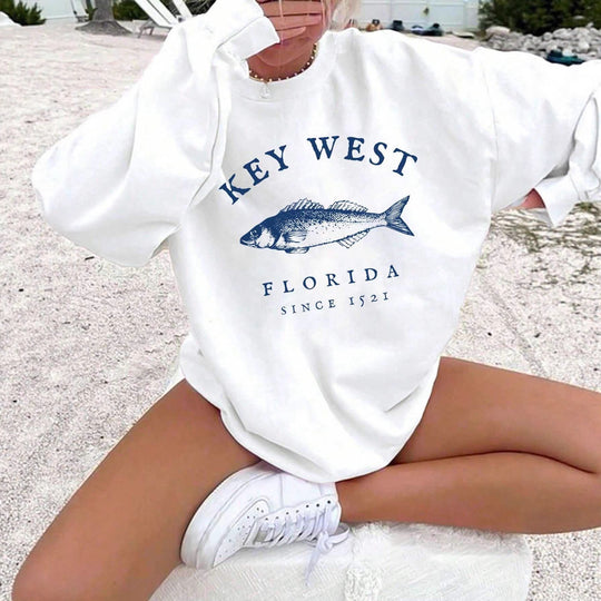 Damen nan Oversize-Sweatshirt mit maritimem Key-West Fischmotiv, dropped-Shoulder und weichem Baumwollmix EB