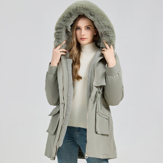 Damen Modische Pufferjacke mit abnehmbarem Kunstpelzkragen und funktionalen Taschen EB