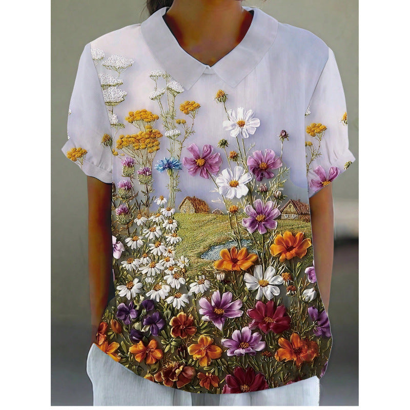 Damen Kurzarmbluse mit floralen Akzenten und klassischem Kragen EB