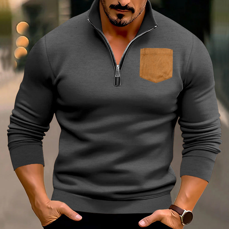 Herren modischer Pullover mit halbem Reißverschluss und stilvoller Brusttasche EB