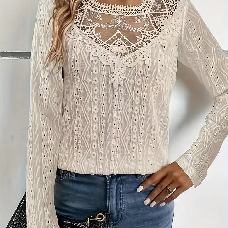 Damen elegante Bluse mit Spitzeneinsätzen und detailliertem Lochmuster EB
