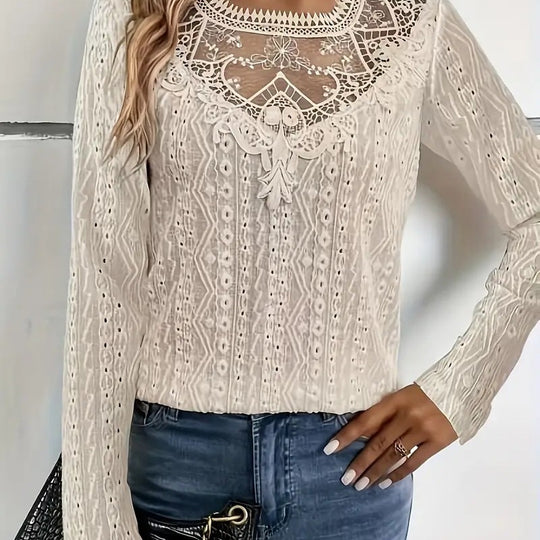 Damen elegante Bluse mit Spitzeneinsätzen und detailliertem Lochmuster EB