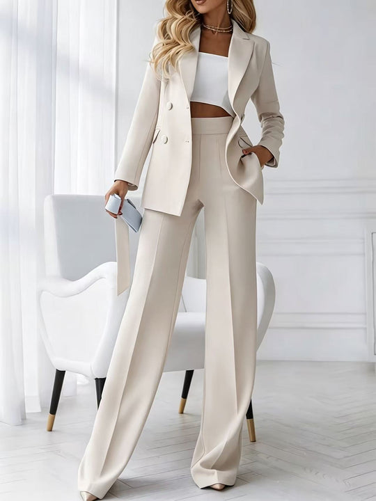Damen Zweiteiliger Business-Hosenanzug mit tailliertem Zweireiherblazer und High-Waist Palazzo-Hose EB
