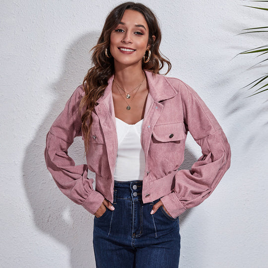 Damen Modische Cordjacke mit lässigem Schnitt und großen Taschen EB
