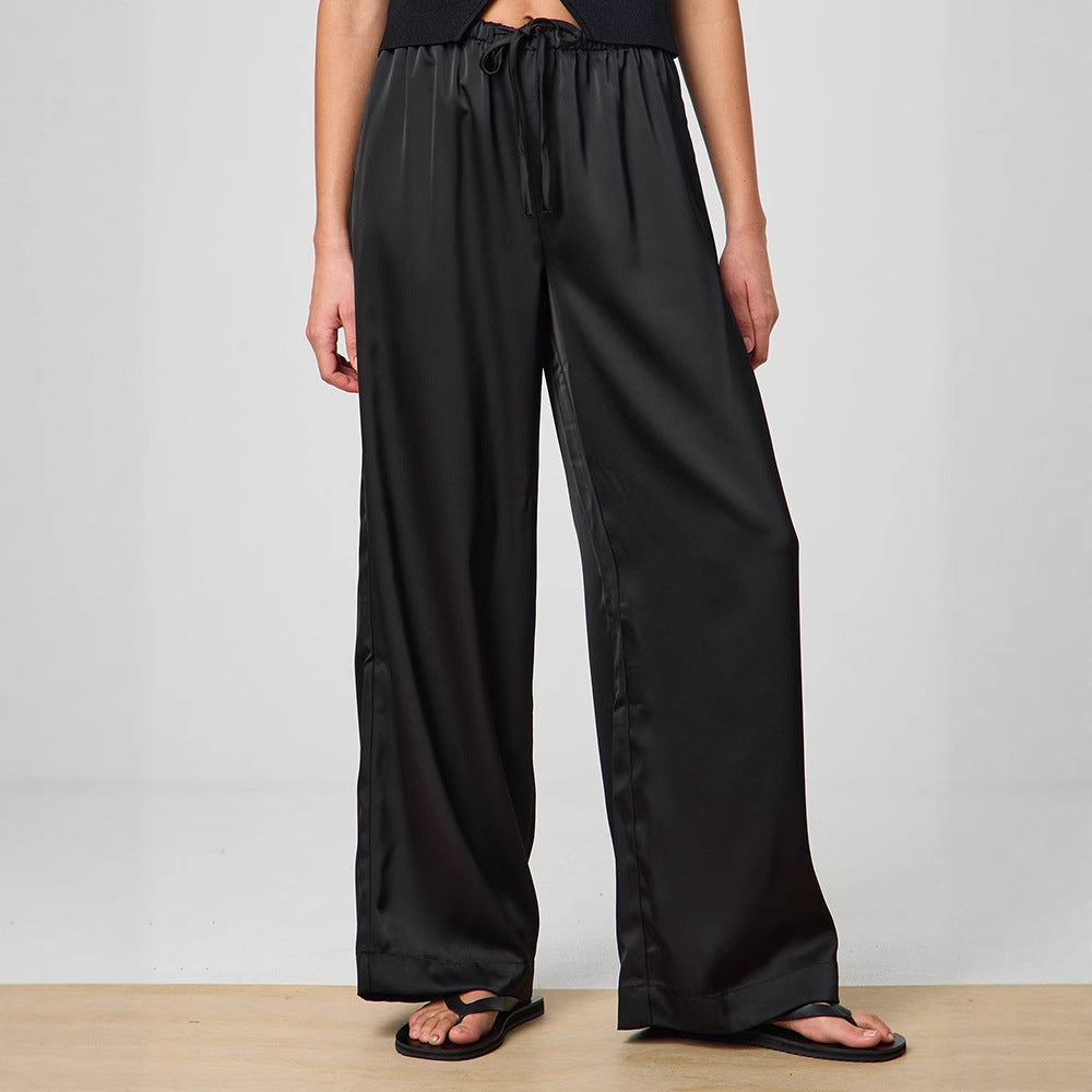 Damen Elegante Weite Satin-Hose mit hochgezogenem Bund und Bindegürtel EB