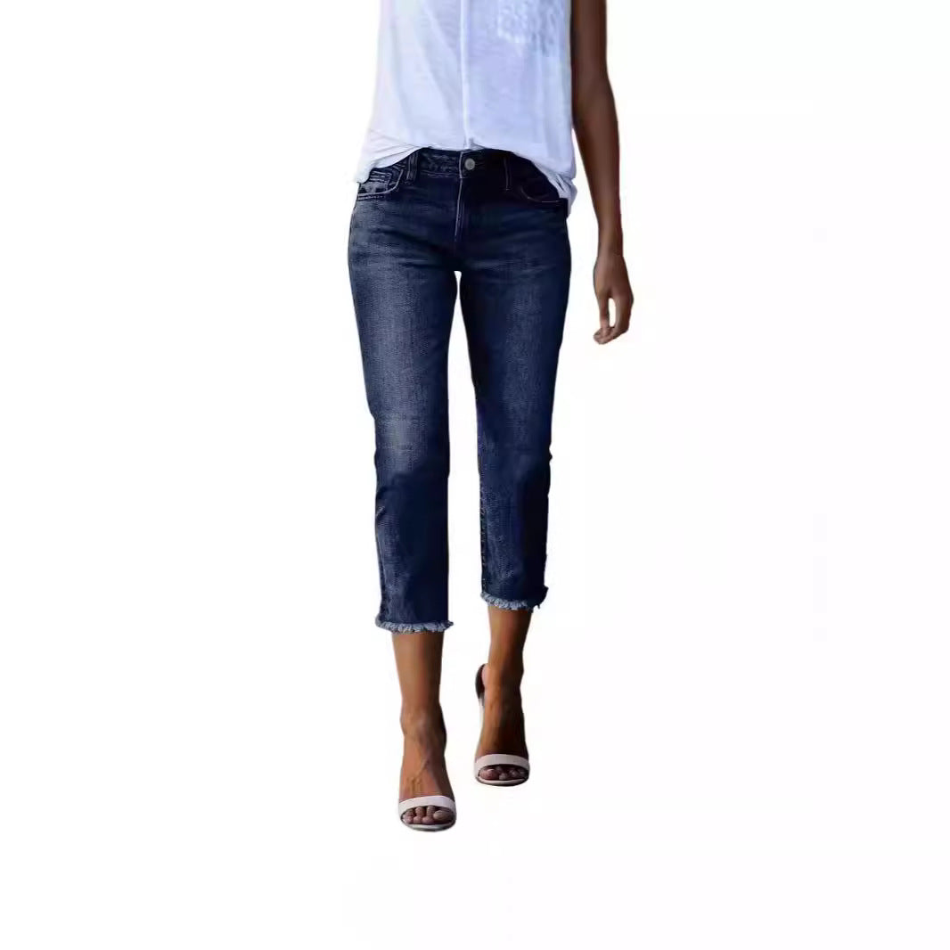 Damen nan gerade geschnittene Jeanshose in verkürzter Länge mit ausgefranstem Saum EB