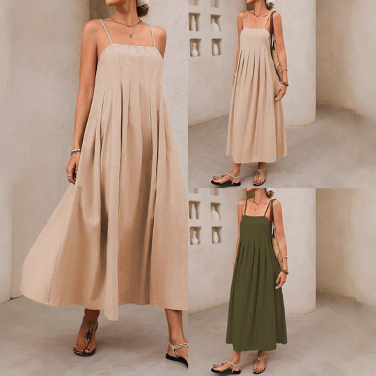 Damen Langärmliges Maxikleid mit Faltenwurf und Spaghettiträgern EB