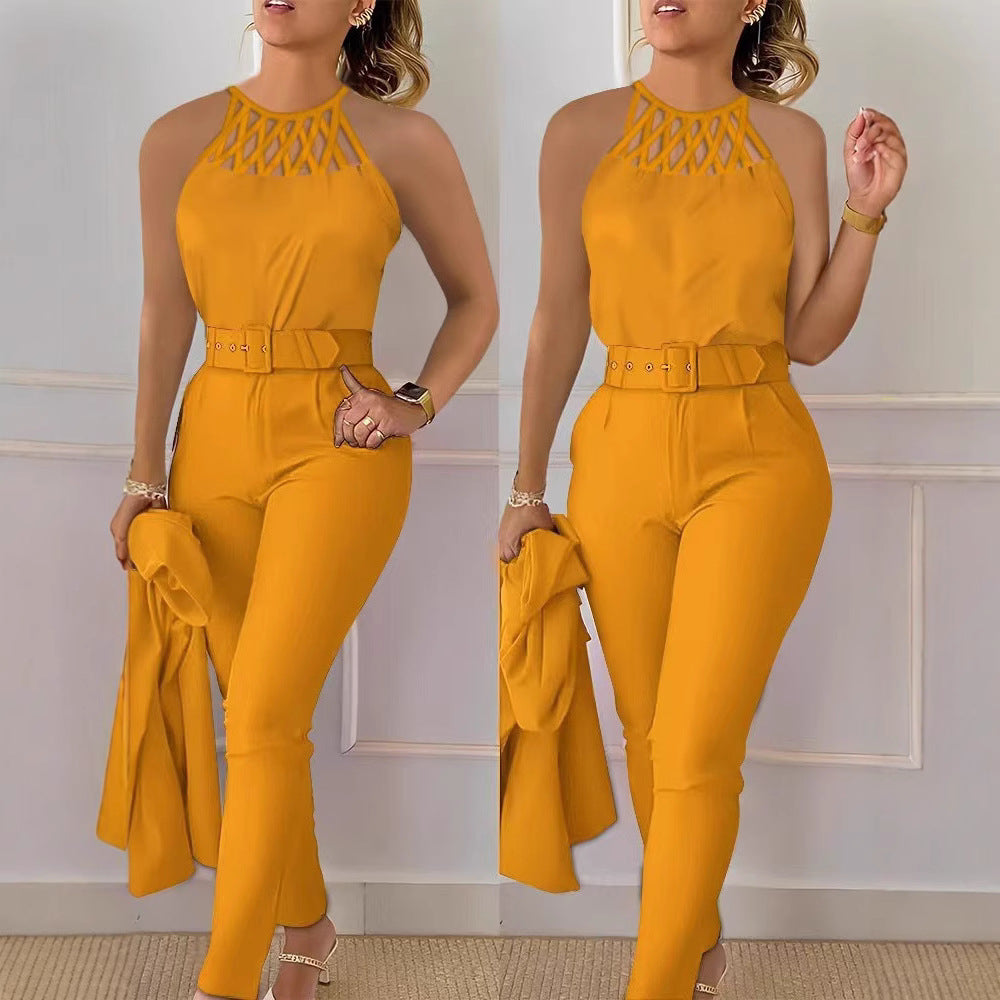 Damen Eleganter Jumpsuit mit schickem Gürtel und raffiniertem Cut-Out EB
