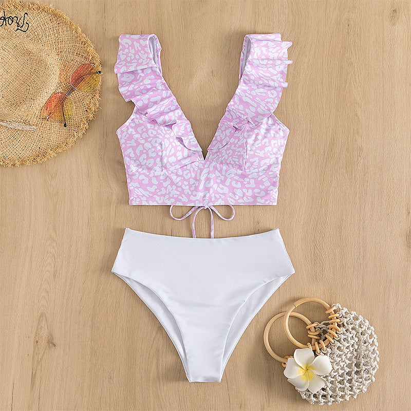 Damen Triangel-Bikini mit modischem Leopardenmuster und Rüschendetails EB