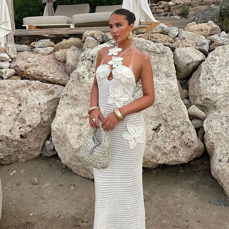 Damen Häkel-Maxikleid mit floralem Ausschnitt EB