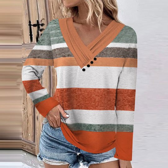 Damen Gerippter V-Ausschnitt Pullover mit Farbverlauf, Zierknöpfen und legerer Passform EB