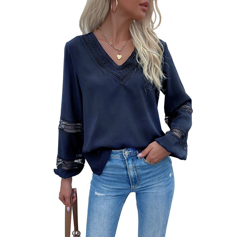 Damen elegante Bluse mit Spitzenakzenten und V-Ausschnitt EB