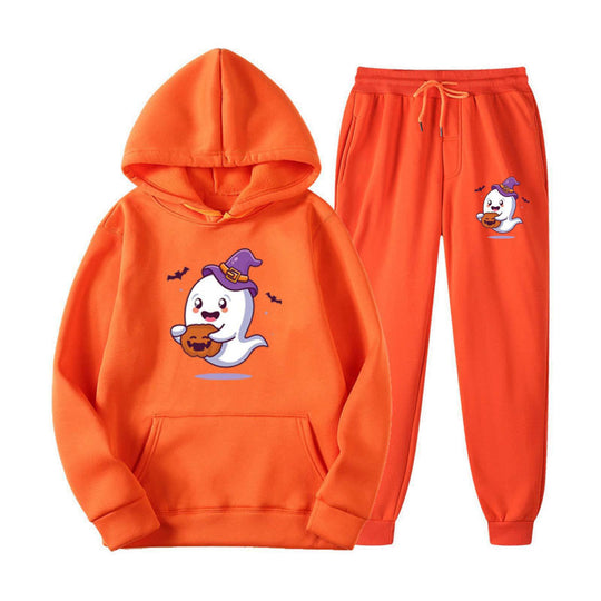 Unisex nan kuscheliger Kapuzenpullover und Jogginghose Set mit Halloween-Geistprint EB