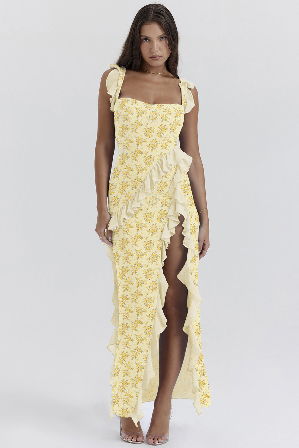 Damen Maxi-Kleid mit Rüschendetails und floralem Design EB
