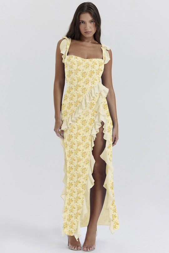 Damen Maxi-Kleid mit Rüschendetails und floralem Design EB