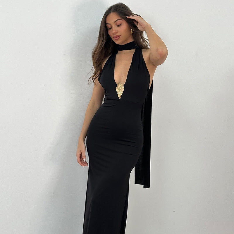 Damen Elegantes Halter-Maxikleid mit verführerischem Ausschnitt EB