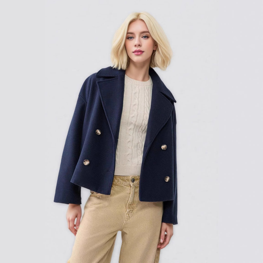 Damen nan kurzes doppeltreihiges Wollmix-Manteljacke im Boxy-Cut mit weitem Reverskragen EB