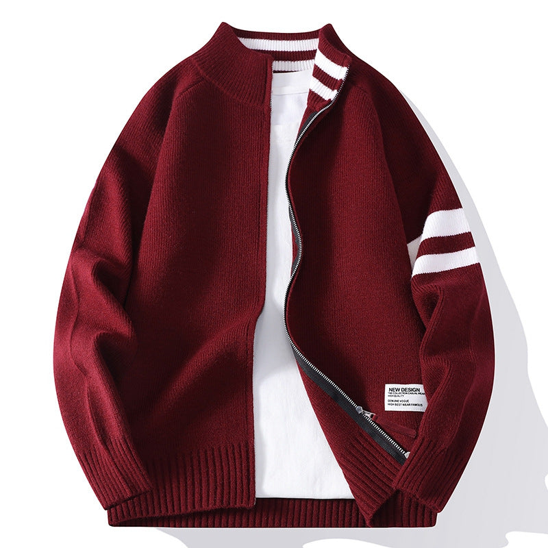 Herren nan gestrickte Zip-Cardigan im College-Stil mit gestreiftem Ärmelband und geripptem Stehkragen EB