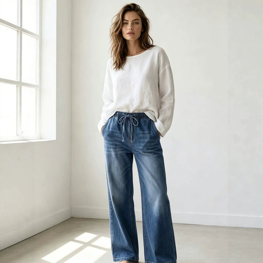 Damen nan Relaxed-Fit Denim-Hose mit elastischem Tunnelzugbund, dezentem Used-Effekt und weitem Bein EB