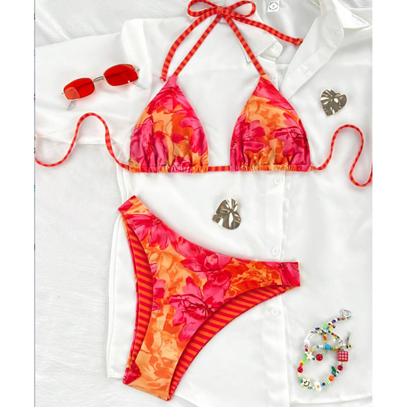 Damen Triangel-Bikini mit verspieltem Blumendesign und verstellbaren Trägern EB