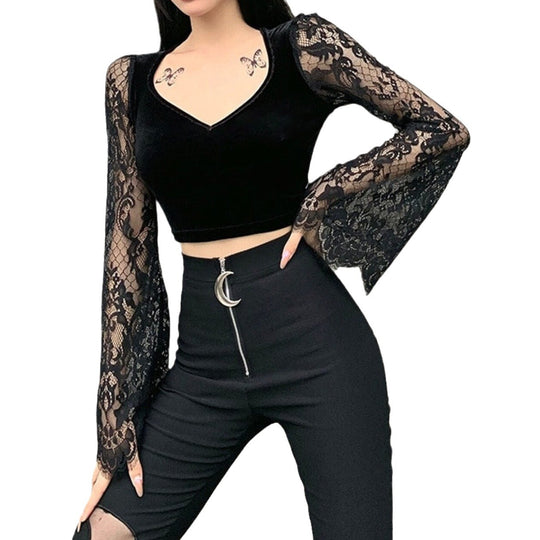 Damen Crop-Top mit eleganten Spitze-Ärmeln und figurbetontem Schnitt EB