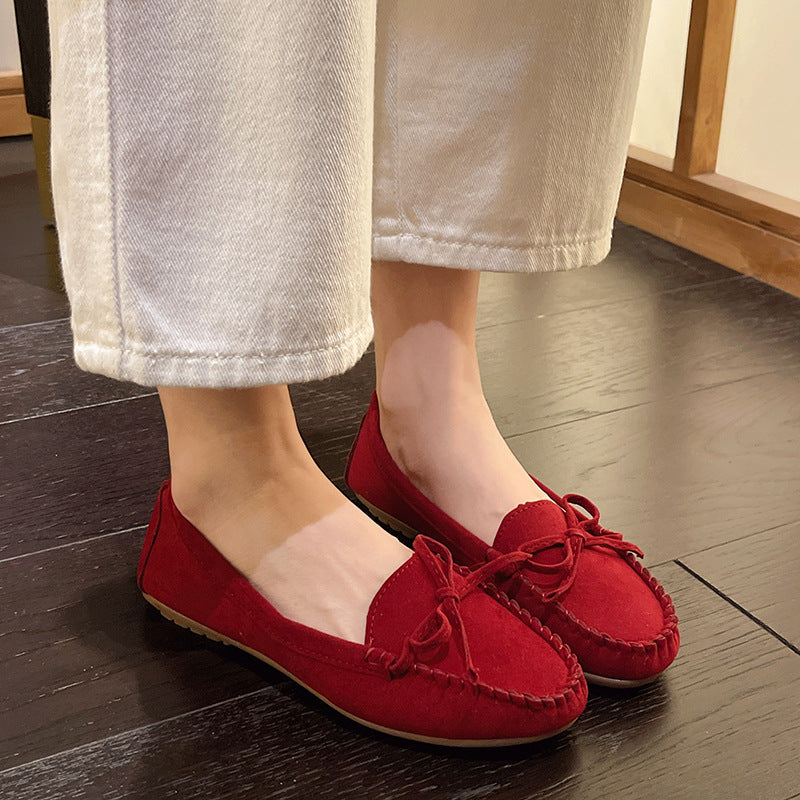 Damen Casual Wildleder Mokassin Ballerinas mit Dekorativer Schleife EB
