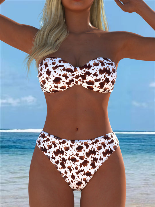 Damen Wickelbikini-Set mit animalischem Muster und hoher Taille EB
