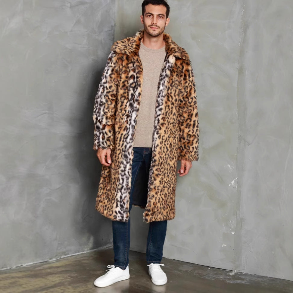 Herren Eleganter Kunstfellmantel mit Leopardenmuster und breitem Kragen EB