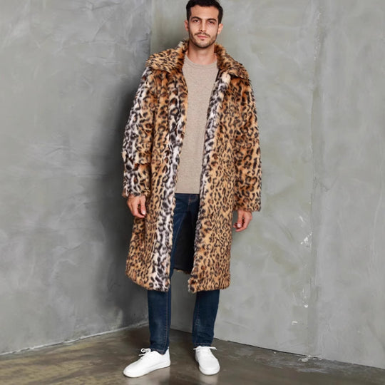 Herren Eleganter Kunstfellmantel mit Leopardenmuster und breitem Kragen EB