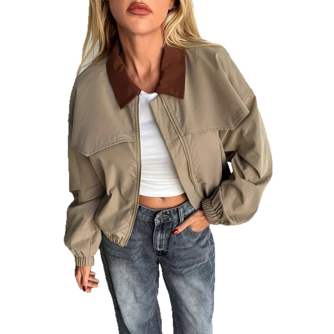 Damen Lässige Cropjacke mit weit geschnittenen Ärmeln und kontrastierendem Kragen EB