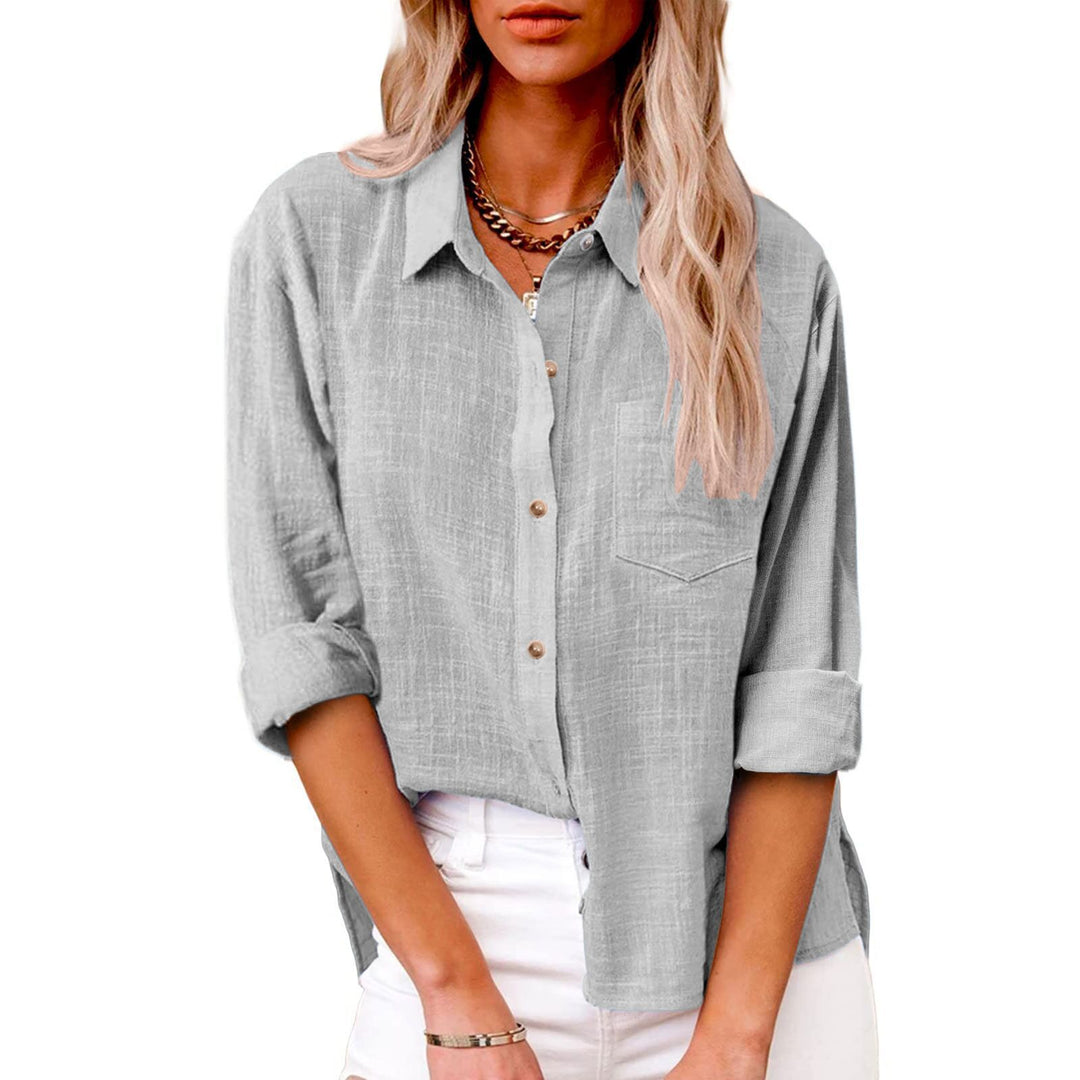 Damen nan oversized Leinen-Baumwollmix Hemdbluse mit Brusttasche und krempelbaren Ärmeln EB