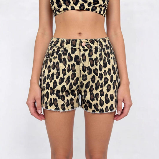 Damen lässige Leo-Shorts mit fransigem Saum und hohen Taschen EB