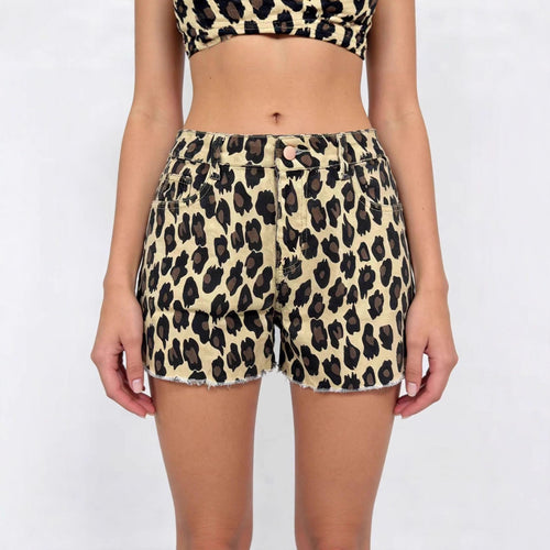 Damen lässige Leo-Shorts mit fransigem Saum und hohen Taschen EB
