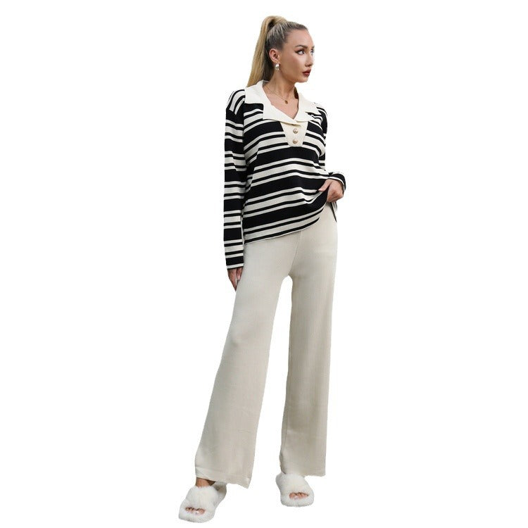 Damen elegantes Strick-Loungewear-Set mit einem modischen Kragen und weit geschnittenen Hosen EB