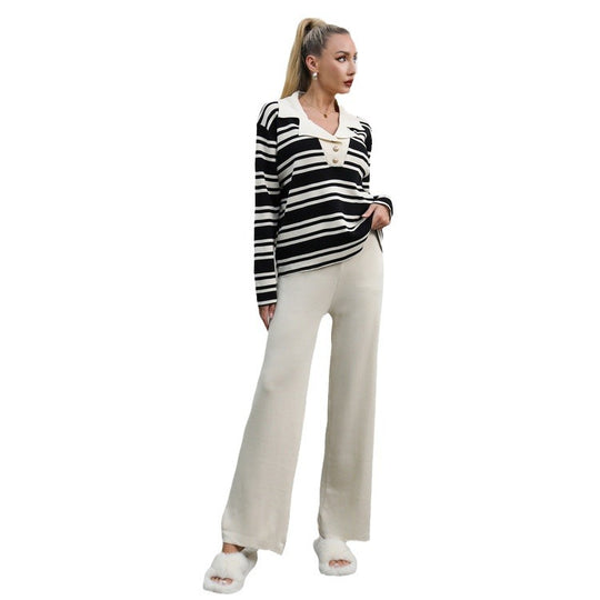 Damen elegantes Strick-Loungewear-Set mit einem modischen Kragen und weit geschnittenen Hosen EB