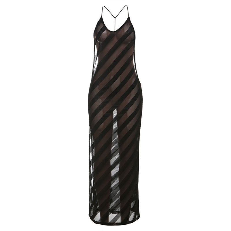 Damen Langes Sommerkleid mit tiefem Rückenausschnitt und schickem Streifenmuster EB