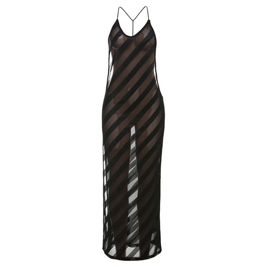Damen Langes Sommerkleid mit tiefem Rückenausschnitt und schickem Streifenmuster EB