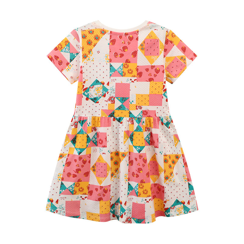 Mädchen Kurzarm Kleid mit fröhlichem Patchwork-Design EB