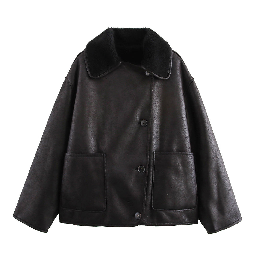 Damen Kunstlederjacke mit weichem Kragen und praktischen Taschen EB