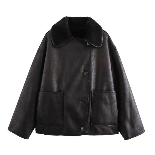 Damen Kunstlederjacke mit weichem Kragen und praktischen Taschen EB