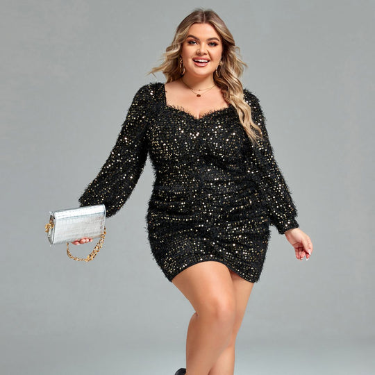 Damen Glitzerndes Mini-Kleid mit Puffärmeln und Raffung EB