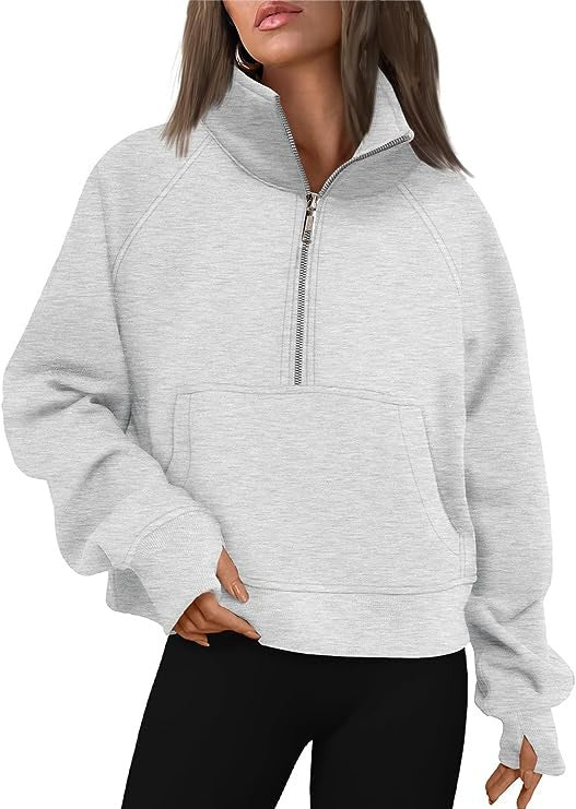 Damen nan verkürztes Oversize-Fleece-Sweat mit halbem Reißverschluss, Stehkragen, Kängurutasche und Daumenlochbündchen EB