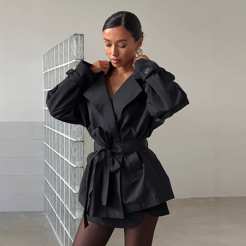 Damen Modische Kurztrenchjacke mit Taillenknoten und großzügigen Taschen EB