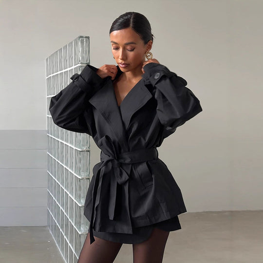 Damen Modische Kurztrenchjacke mit Taillenknoten und großzügigen Taschen EB