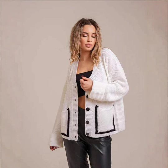 Damen Strickjacke mit großem Kragen und Taschen EB
