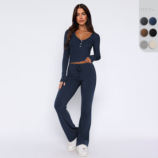 Damen bequemes Oberteil mit Knopfleiste und lockerer Hose EB