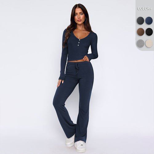 Damen bequemes Oberteil mit Knopfleiste und lockerer Hose EB